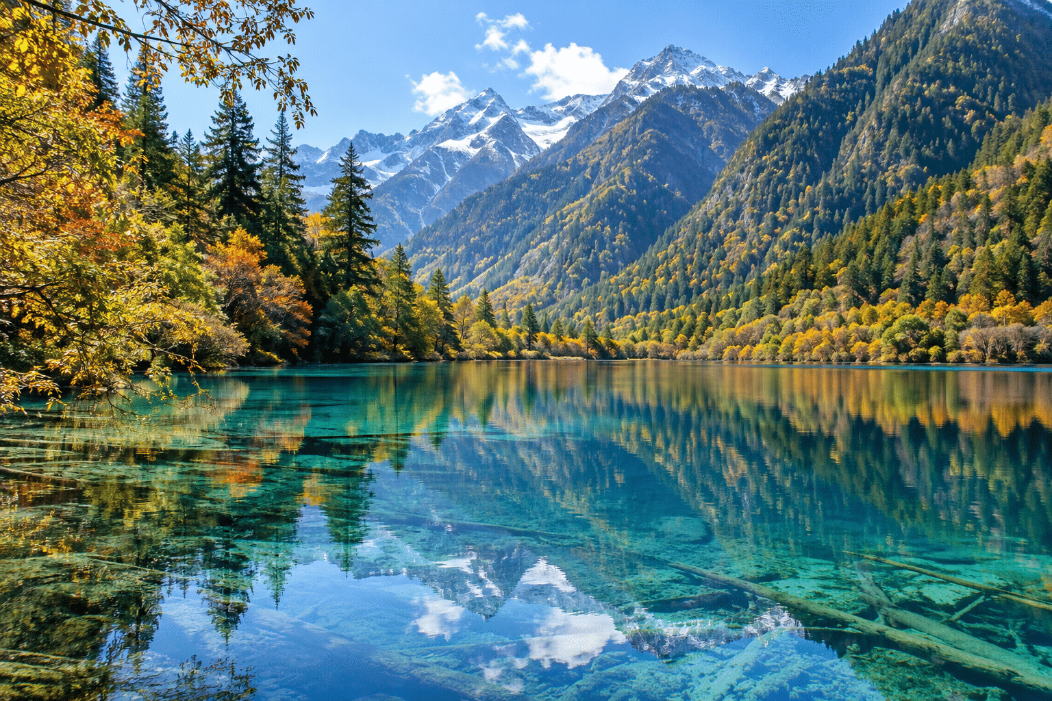 Jiuzhaigou turquoise lake — AI-generated illustration